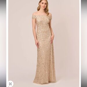 ADRIANNA PAPELL OFF THE SHOULDER SEQUIN BEADED GOWN IN CHAMPAGNE SIZE 6 NWT